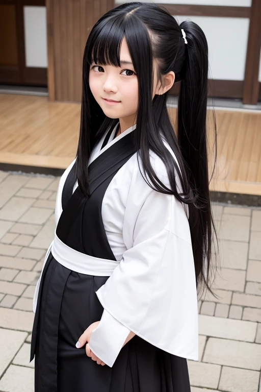 A junior high school girl with long black hair wearing a white kimono and black hakama