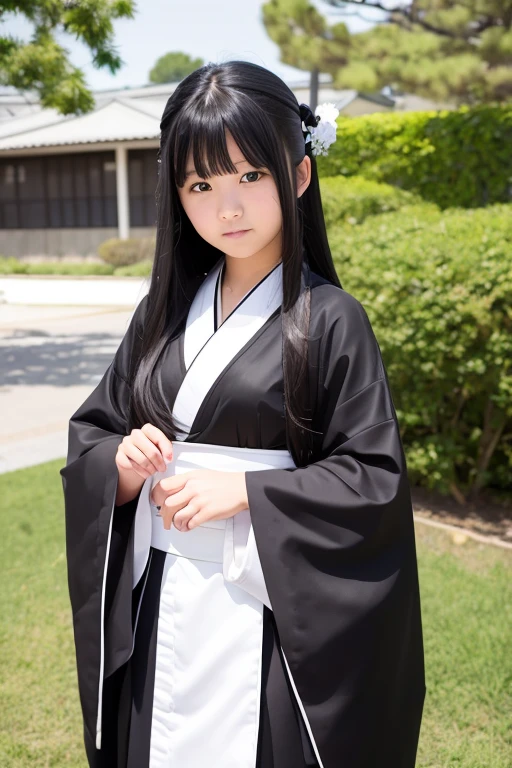 A junior high school girl with long black hair wearing a white kimono and black hakama