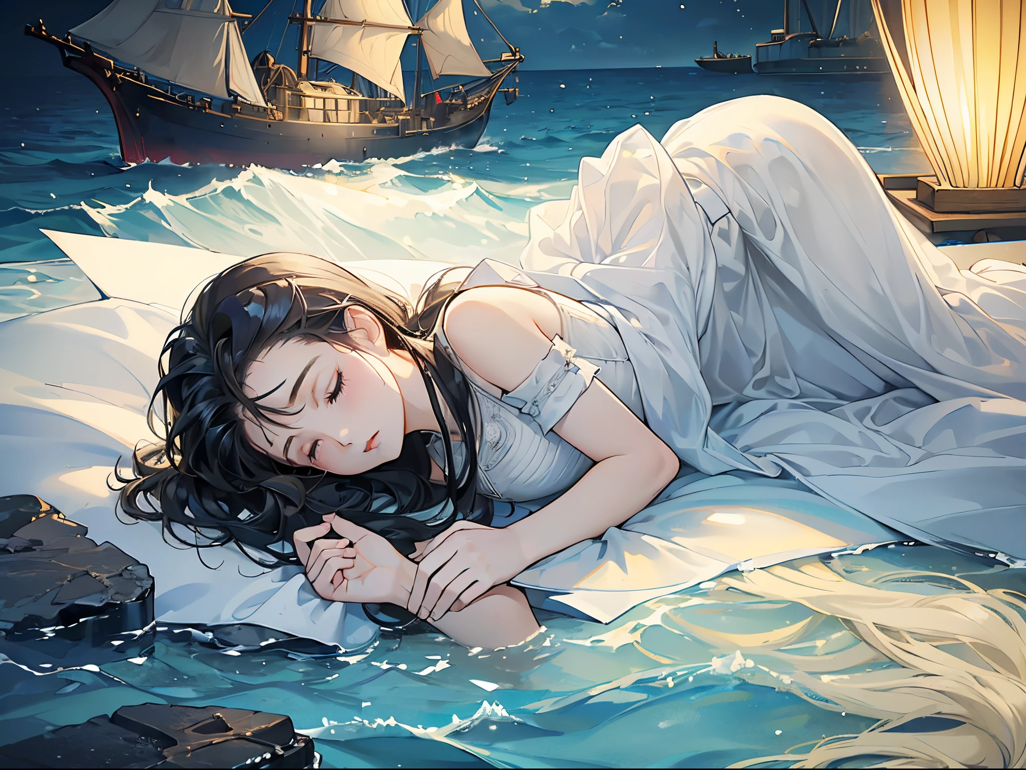 ((Superior quality, 16k, masterpiece: 1.3)), (Beauty, 1 girl, sleeping at the bottom of the sea, dark maritime scenery, white dress).