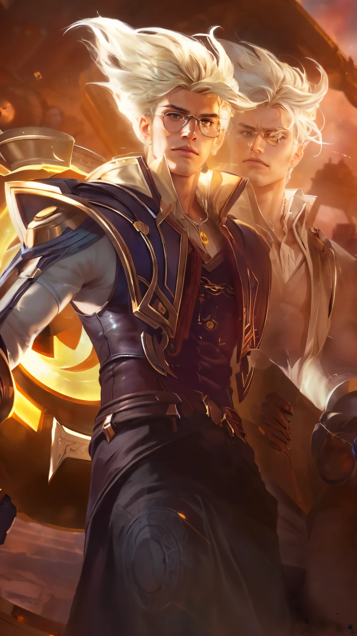 (Intricate Details, Masterpiece, Best Quality, High Resolution, 8k), (1man), (male:1.2), finely detailed eyes and face, toned body, masculine appeal, commanding presence, hot stud, bulging biceps and triceps, well-developed quadriceps and hamstrings, light skin, burgundy straight layered bangs hair, aquamarine eyes,  ornate details,  portrait, solo, half shot, looking down, detailed background, detailed face, (cogpunkai, cogpunk theme:1.1),  tech-mage,   [magic|technology], melding of spellcraft and advanced technology,  intricate [spellcasting clothes|mechanical gear], gear shaped glyphs,  ancient crystals,  [gears|ancient spell],  floating particles,  [innovative|enchanting] aura, high tech vehicle in background,   , finely detailed background, Depth of Field, VFX, young man and handsome, wearing glasses