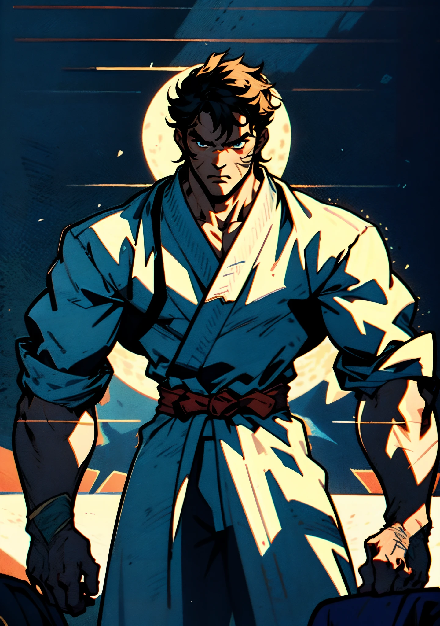 A middle-aged man around 50, short black hair tinged with white, a vertically upright hairstyle, thick eyebrows, round and large eyes, scars are present on the eyes and the bridge of the nose, a full beard, a muscular and robust physique, loose martial arts-style robes, rolled-up sleeves, cloth wrist guards, a linen belt around his waist, tattered hem, matching coarse fabric pants, the background is within a tidy dojo, this character embodies a finely crafted fantasy-realistic style martial artist in anime style, exquisite and mature manga art style, high definition, best quality, highres, ultra-detailed, ultra-fine painting, extremely delicate, professional, anatomically correct, symmetrical face, extremely detailed eyes and face, high quality eyes, creativity, RAW photo, UHD, 8k, Natural light, cinematic lighting, masterpiece-anatomy-perfect, masterpiece:1.5