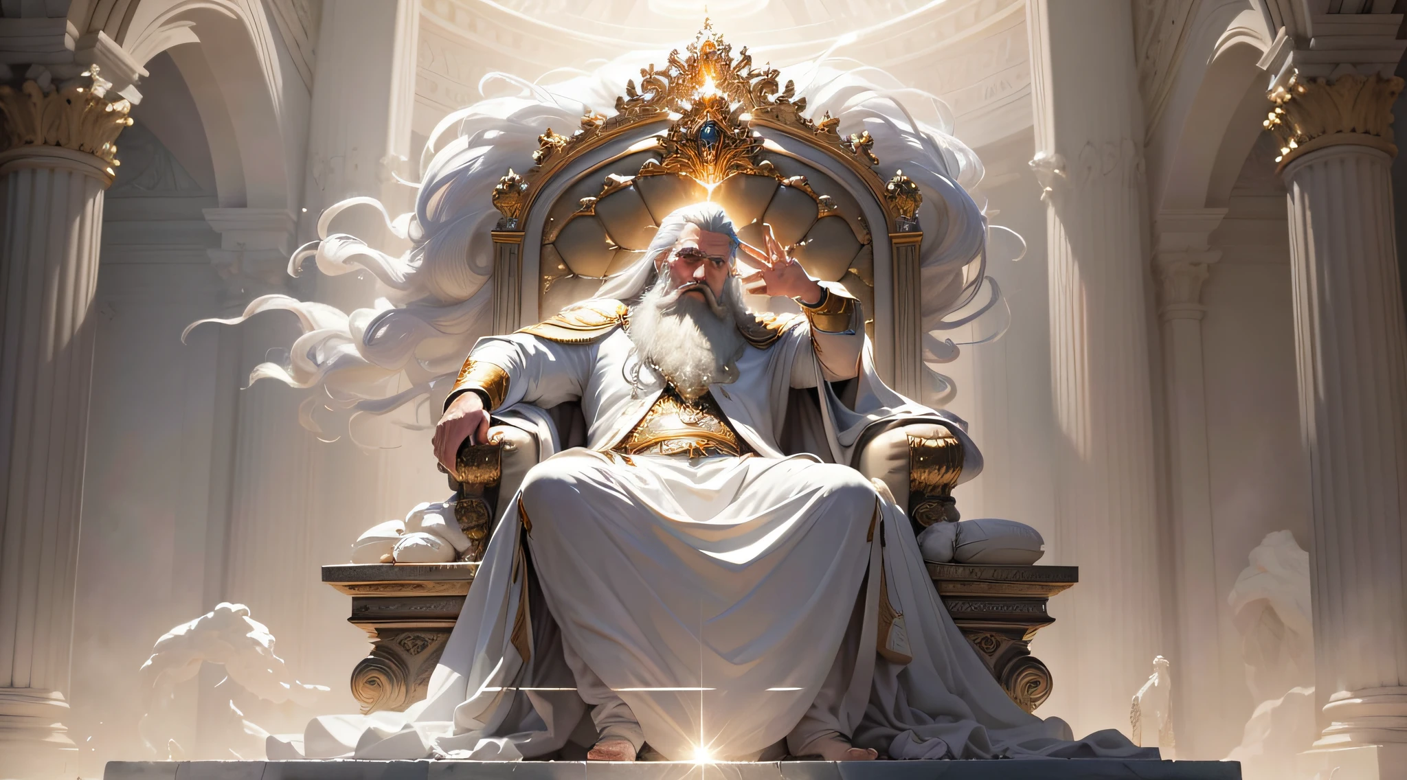 (masterpiece, best quality, ultra-realistic), God's throne room, high resolution, divine man, majestic, strong, imposing, white hair and beard, white clothes warmth, dazzling light, serene aura, magnificent aura, god (embodiment of power:1.2), glorious, surreal, powerful, (emitting light:1.3), (gleaming:1.2)