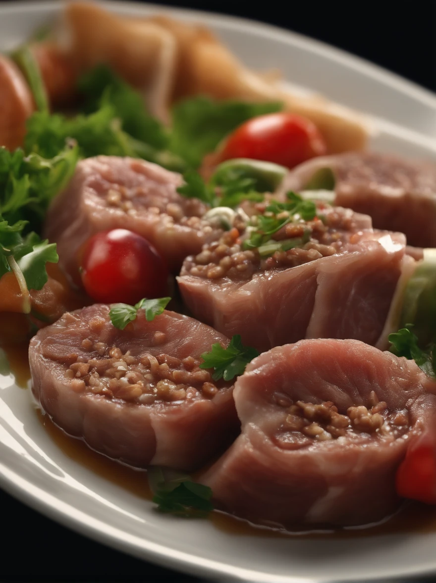 A plate of Korean food,thin meat slices,Minced meat,Greens,shallots,(best quality,4k,8k,highres,masterpiece:1.2),ultra-detailed,(realistic,photorealistic,photo-realistic:1.37),HDR,UHD,studio lighting,ultra-fine painting,sharp focus,physically-based rendering, professional