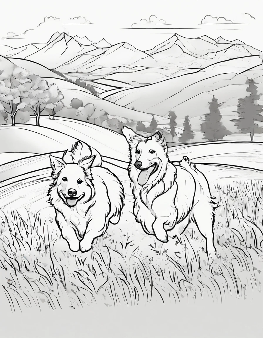 Shetland sheepdogs running in a field, for coloring page, high quality, no shading