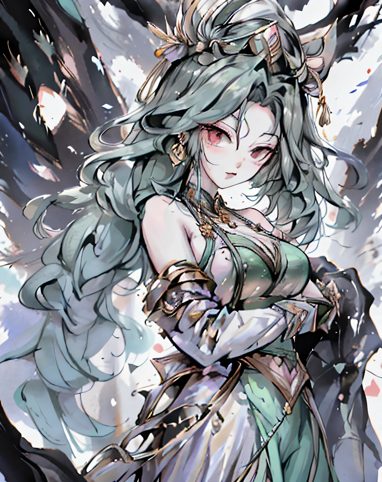 One wearing a green dress、Painting of woman wearing golden crown, an ultrafine painting, qing dynasty painting, old chines painting, ancient china art style, an ancient Chinese goddess, a detailed painting, Inspired by Ji Yunfei, chinese empress, Chinese art, Inspired by Zhang Zeduan, traditional painting, ancient chinese beauti, Inspired by Wang Ximeng