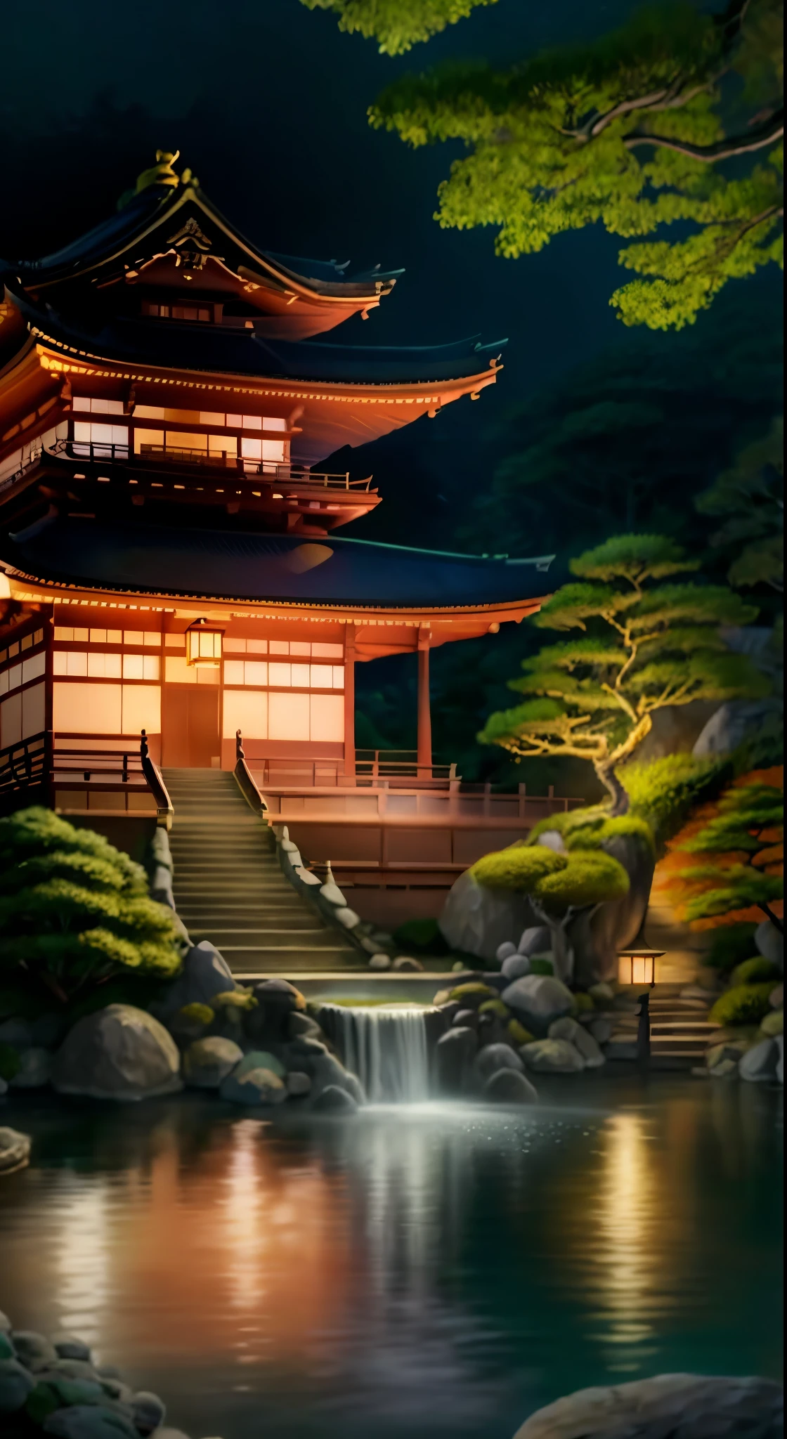 Japan architecture、Kinkakuji Temple、Ginkakuji Temple、(large waterfall)、An island inside a waterfall basin、fullmoon、natta、flowingwater、Japanese garden、Fantastical、Mystical、Realistic lighting、high-level image quality、top-quality、masterpiece