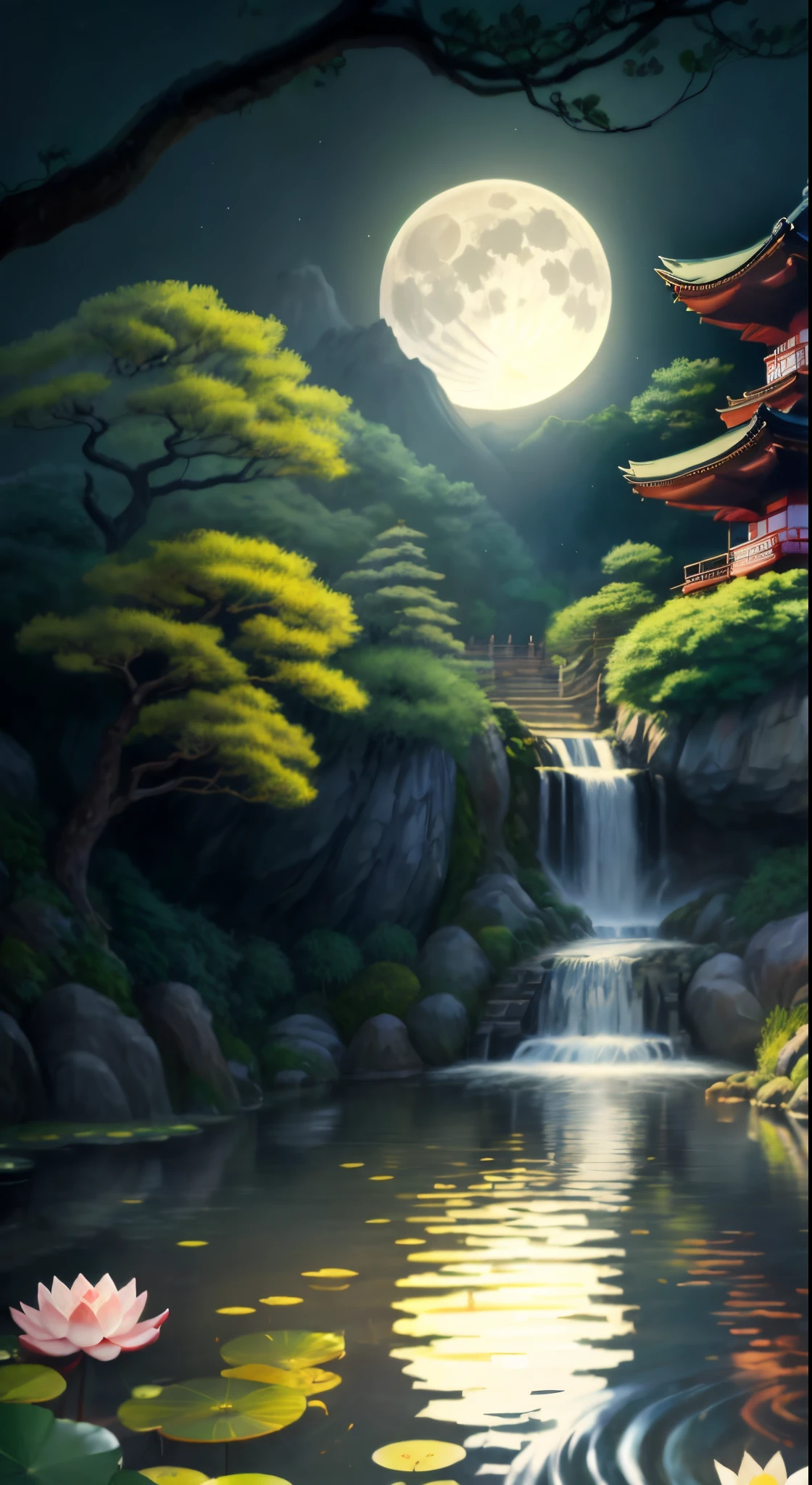 Japan architecture、Five-storied Pagoda、Kinkakuji Temple、large waterfall、An island inside a waterfall basin、fullmoon、natta、flowingwater、Japanese garden、lotus pond、Fantastical、Mystical、A world where celestial maidens fly、Realistic lighting、high-level image quality、top-quality、​masterpiece