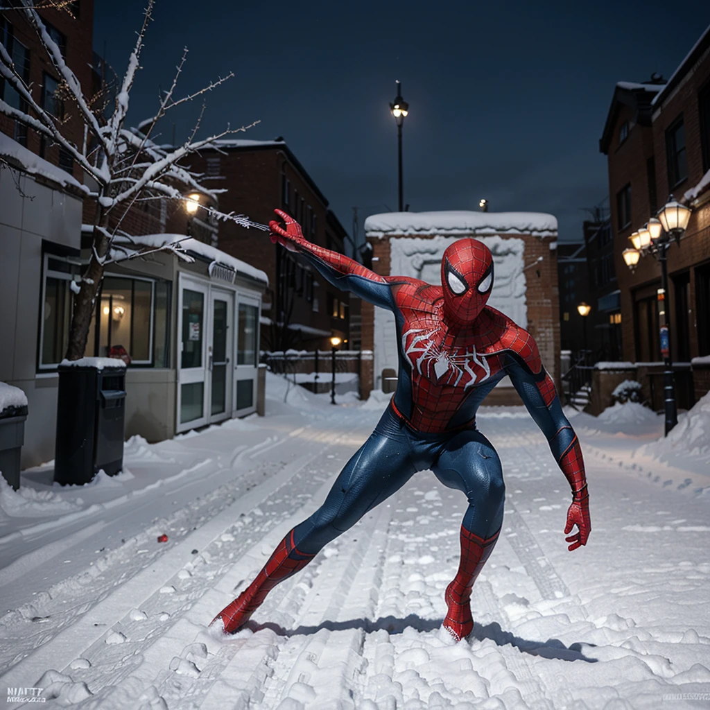 "Picture the Amazing Spider-Man swinging through a snow-covered cityscape. Describe the way his iconic red and blue suit contrasts against the pristine white snow. Highlight the unique challenges he faces navigating through the snowy environment, such as slippery surfaces and reduced visibility. Capture the essence of Spider-Man's agility and strength as he maneuvers gracefully through the winter landscape, leaving dynamic web patterns against the icy backdrop. Consider how the cold and snowy setting adds a new dimension to the typical urban Spider-Man scene."