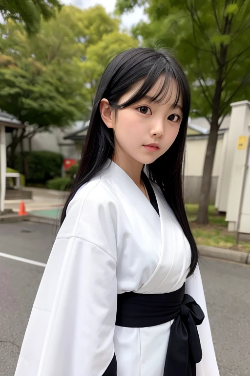 with long black hair wearing a white kimono and black hakama