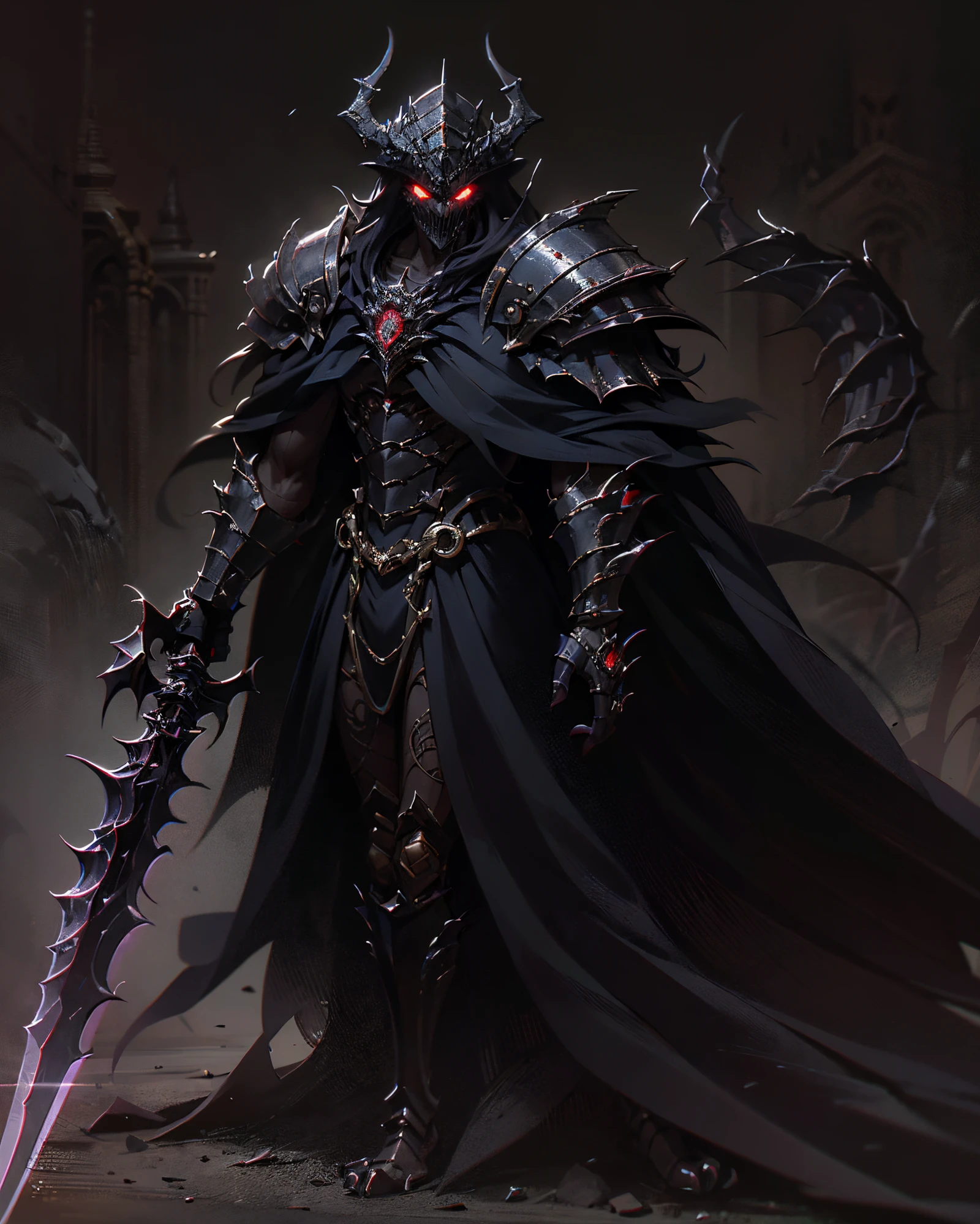 In a dark and oppressive scenario, a character appears inspired by Guts, from Berserk, but even darker and more terrifying. His hair is long and black, as are his arms, creating a sinister appearance. His intense red eyes radiate an evil aura, conveying the ferocity and power that inhabits his being. Clad in black demonic armor, this character exudes a menacing presence. Every detail of the armor is meticulously crafted, bringing to light the evil essence it represents. It features a gauntlet-shaped hand with demonic black claws, reminiscent of a hellish nature. The cloak he wears is as dark as the night itself, shrouding him in macabre shadows. On this cape, as well as on his sword, there are black aura effects that emanate mystery and dark energy. In his hands, he wields a colossal sword, a Dragon Slayer, as imposing and brutal as the entity that wields it. The dark effects surrounding the blade, the intricate and sinister details, make the weapon a true manifestation of terror and destruction. This character, with his frightening appearance, personifies the essence of darkness and horror. His presence is threatening, his energy radiates an overwhelming malevolence. He is a force to be feared, resonating with his enemies' worst nightmare. With the highest quality and attention to detail, colors and dark effects are enhanced to convey the full essence of this terrifying being. It is an image that inspires fear and at the same time fascinates, as it reveals the depth of the dark abysses of the human soul.,More Details