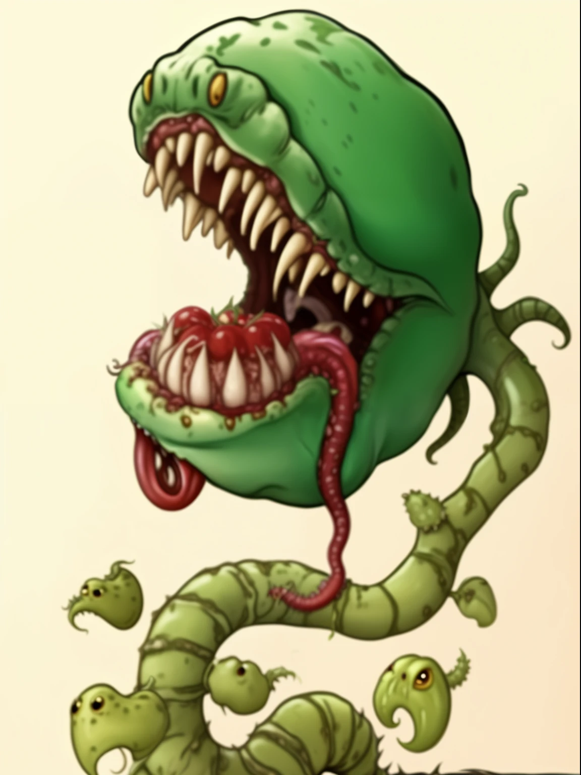 Close-up of a plant cartoon with a mouth full of teeth, plant monster, plant monster, Worm mouth, worm monster, A mixture of Venom and Cthulhu, nychos art aesthetic, tomato monster, Nijos, Slimmer, Plant predators, User photo, The demons, poisonous, doom monster, carnivorous, snake mouth, Worm round mouth