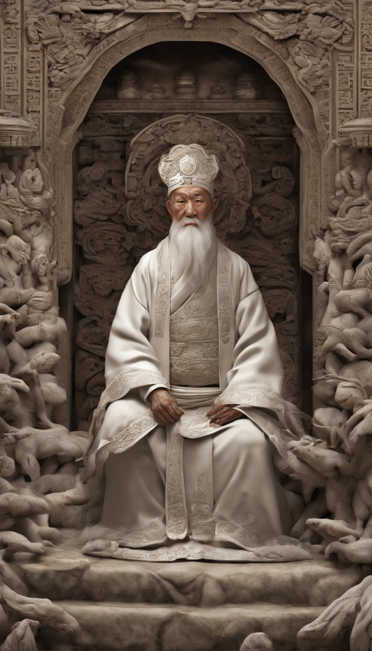 Oriental old man;ink portrait,front portrait,Audience visual inspection,Immortal Wind Road Bone,White haired man,hair-bun,opens his eyes wide,Friendly smile。Gorgeous costumes,Taoist costumes。solid color backdrop,paper background。hyper HD, retinas, tmasterpiece, Acura, Anatomically correct, Award-Awarded, high high quality, high detal, super detailing, ctextured skin, Best quality at best, A high resolution, 1080p, k hd, 4K, 8K, 16k。