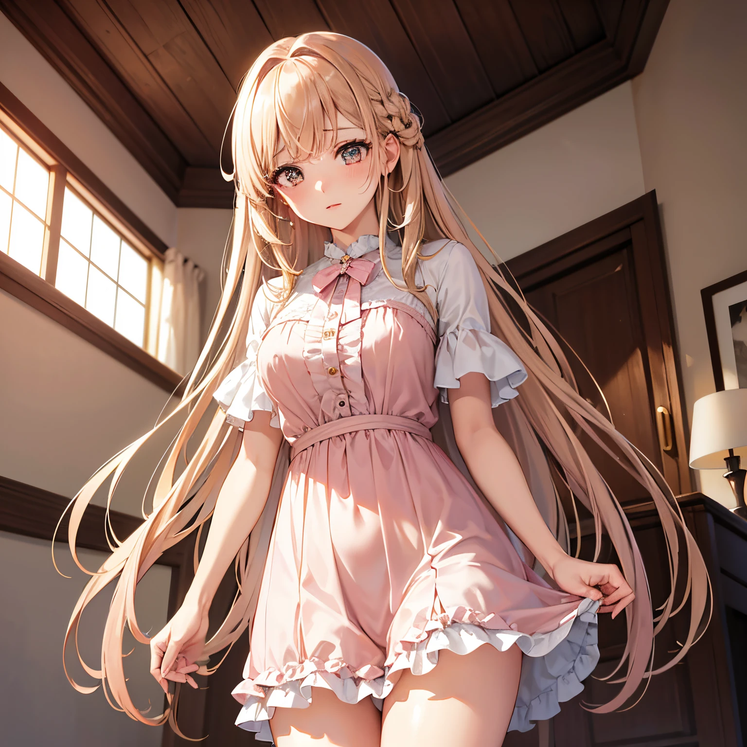 from below, super high quality, (8k, RAW photo, realistic), wearing light pink dress, skirt lift. light brown flowing layered braided bangs medium hair, beautiful cute woman, shining gold big eyes, annoying sexy expressions, medium breasts, slender, perfect proportion, background gorgeous bed room