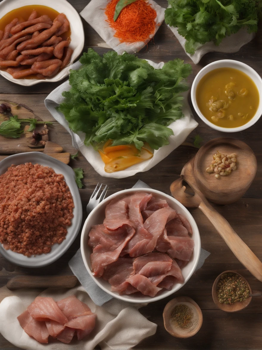 A plate of Korean food,thin meat slices,Minced meat,Greens,shallots,(best quality,4k,8k,highres,masterpiece:1.2),ultra-detailed,(realistic,photorealistic,photo-realistic:1.37),HDR,UHD,studio lighting,ultra-fine painting,sharp focus,physically-based rendering, professional