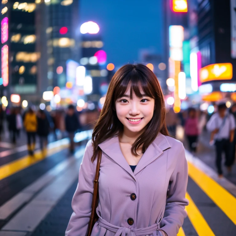 girl with the same face as last time, Osaka Midosuji,Night, Cityscape,City lights, full bodyesbian,4k, Raw photo, Best Quality,Realistic, Photorealsitic, Smile、medium chest