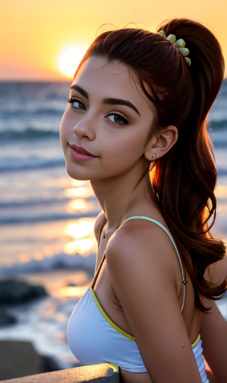 Photo of a 14 year-old american girl, .RAW, beautiful teenage girl, (Long brown hair with ponytail), light brown hair ponytail hairstyle((retrato)), ((Cara detallada:1.2)), ((Detailed facial features)), (Piel finamente detallada) , (Masutepiece) (proporciones perfectas)(fotos realistas)(La mejor calidad) (Detallado) fotografiado con una EOS R5 de Canon, Lente de 50 mm, f/2.8, NffSW, (8k) (papel tapiz) (cinematic lighting) (Dramatic lighting) (foco nítido) (Enrevesado) senos grandes , pechos medianos , muchas pecas en mejillas , pecas en pecho, cuerpo completo , hermoso cuerpo de muje adolesente, lindo maquillaje , gran sonrisa , mujer delgada escultural , lencer, Hermosa desnudes , playa , atardecer , posando para la fotp