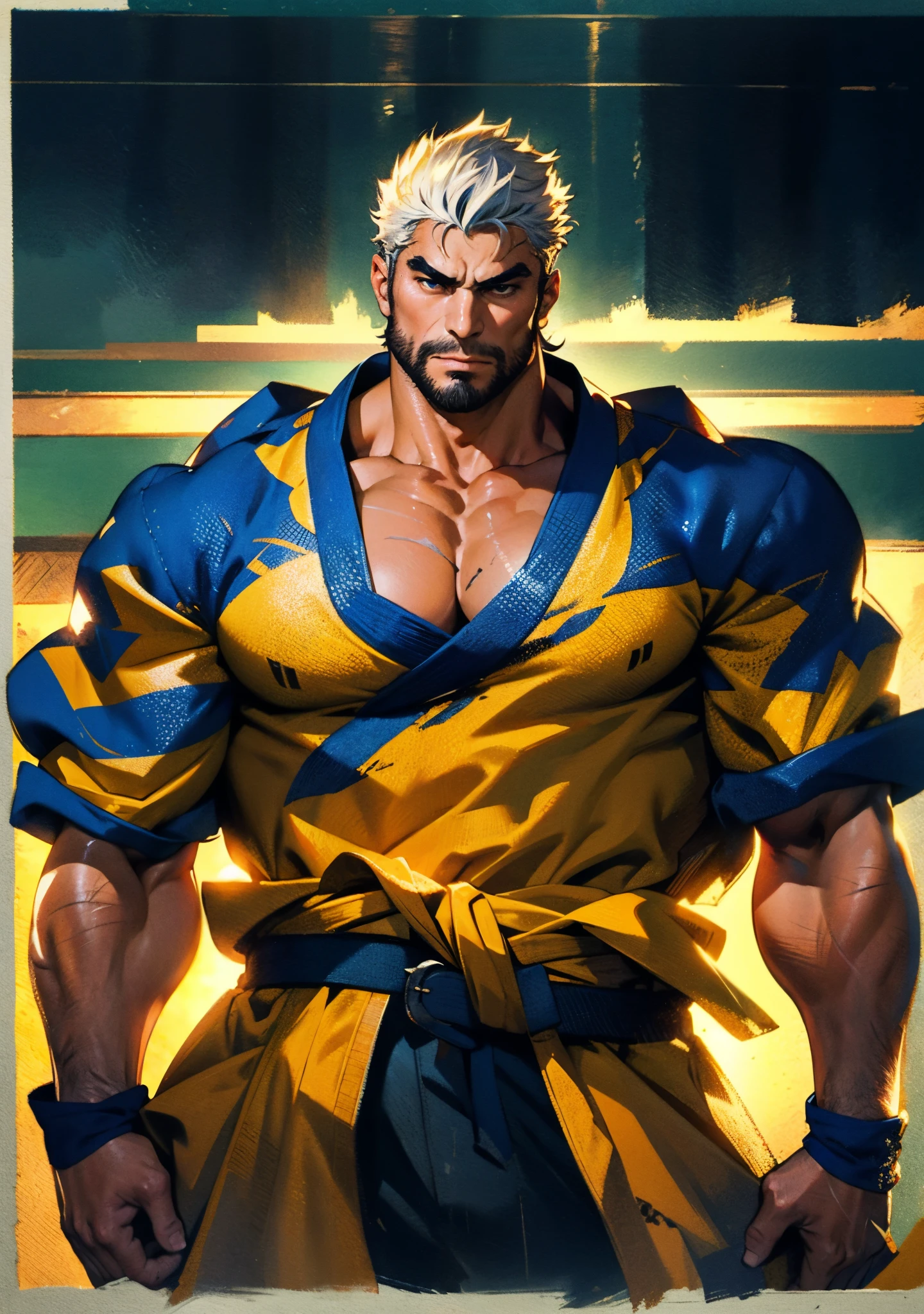 A middle-aged man around 50, short black hair tinged with white, a vertically upright hairstyle, thick eyebrows, round and large eyes, scars are present on the eyes and the bridge of the nose, a full beard, a muscular and robust physique, loose martial arts-style robes, rolled-up sleeves, cloth wrist guards, a linen belt around his waist, tattered hem, matching coarse fabric pants, the background is within a tidy dojo, this character embodies a finely crafted fantasy-realistic style martial artist in anime style, exquisite and mature manga art style, high definition, best quality, highres, ultra-detailed, ultra-fine painting, extremely delicate, professional, anatomically correct, symmetrical face, extremely detailed eyes and face, high quality eyes, creativity, RAW photo, UHD, 8k, Natural light, cinematic lighting, masterpiece--perfect, masterpiece:1.5