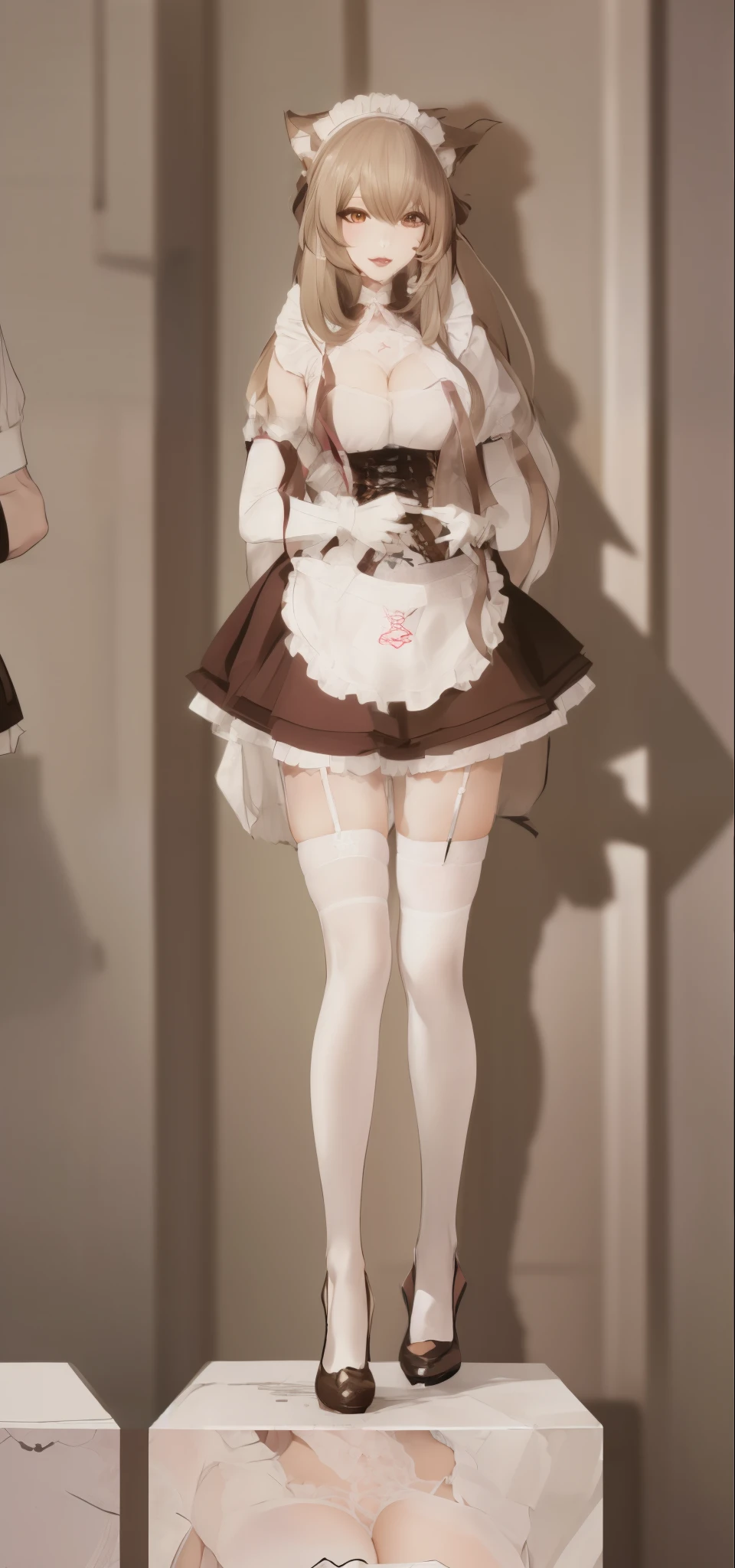 Anime character standing on a pedestal wearing a maid costume, the maid outfit, anime girl in a maid costume, the maid outfit, Translucent fluid flowing from the《Azure route》videogame, the maid outfit, gorgeous maid, Anime catwoman wearing maid outfit, live2d virtual YouTuber model, wearing maid uniform, Anime Maid SS Military, azur lane style, Magic uniforms