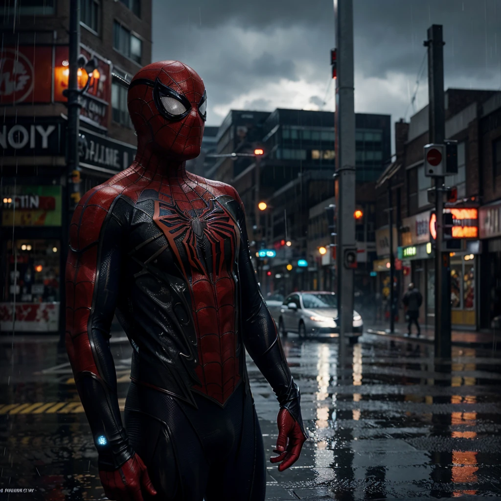 Imagine a cinematic portrait of Spider-Man standing in the rain, portraying a realistic and atmospheric scene. Capture the details of raindrops cascading down his suit, the subtle reflections on his costume, and the determination in his eyes. Describe the city backdrop drenched in rain, with the glistening reflections of neon lights adding depth to the cinematic atmosphere. Convey Spider-Man's stoic yet vigilant stance as he stands amid the rain, emphasizing the realism of the moment and the emotional depth of the iconic superhero in this compelling visual.