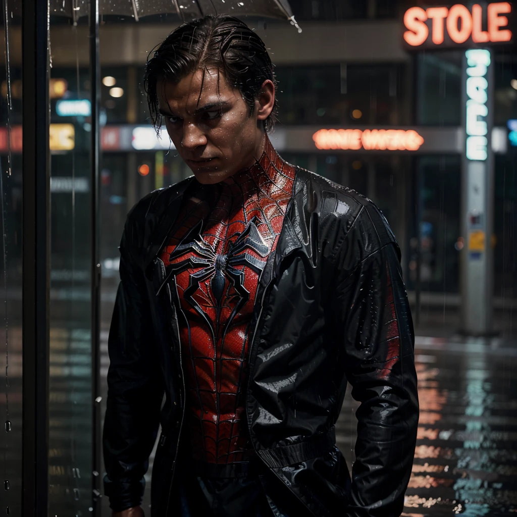 Imagine a cinematic portrait of Spider-Man standing in the rain, portraying a realistic and atmospheric scene. Capture the details of raindrops cascading down his suit, the subtle reflections on his costume, and the determination in his eyes. Describe the city backdrop drenched in rain, with the glistening reflections of neon lights adding depth to the cinematic atmosphere. Convey Spider-Man's stoic yet vigilant stance as he stands amid the rain, emphasizing the realism of the moment and the emotional depth of the iconic superhero in this compelling visual.