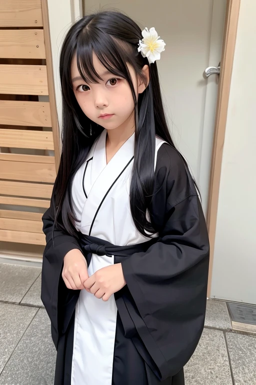 with long black hair wearing a white kimono and black hakama