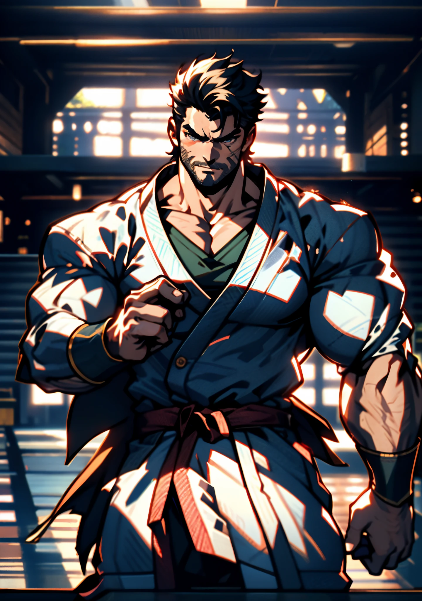 A middle-aged man around 50, short black hair tinged with white, a vertically upright hairstyle, thick eyebrows, round and large eyes, scars are present on the eyes and the bridge of the nose, a full beard, a muscular and robust physique, loose martial arts-style robes, rolled-up sleeves, cloth wrist guards, a linen belt around his waist, tattered hem, matching coarse fabric pants, the background is within a tidy dojo, this character embodies a finely crafted fantasy-realistic style martial artist in anime style, exquisite and mature manga art style, high definition, best quality, highres, ultra-detailed, ultra-fine painting, extremely delicate, professional, anatomically correct, symmetrical face, extremely detailed eyes and face, high quality eyes, creativity, RAW photo, UHD, 8k, Natural light, cinematic lighting, masterpiece-anatomy-perfect, masterpiece:1.5
