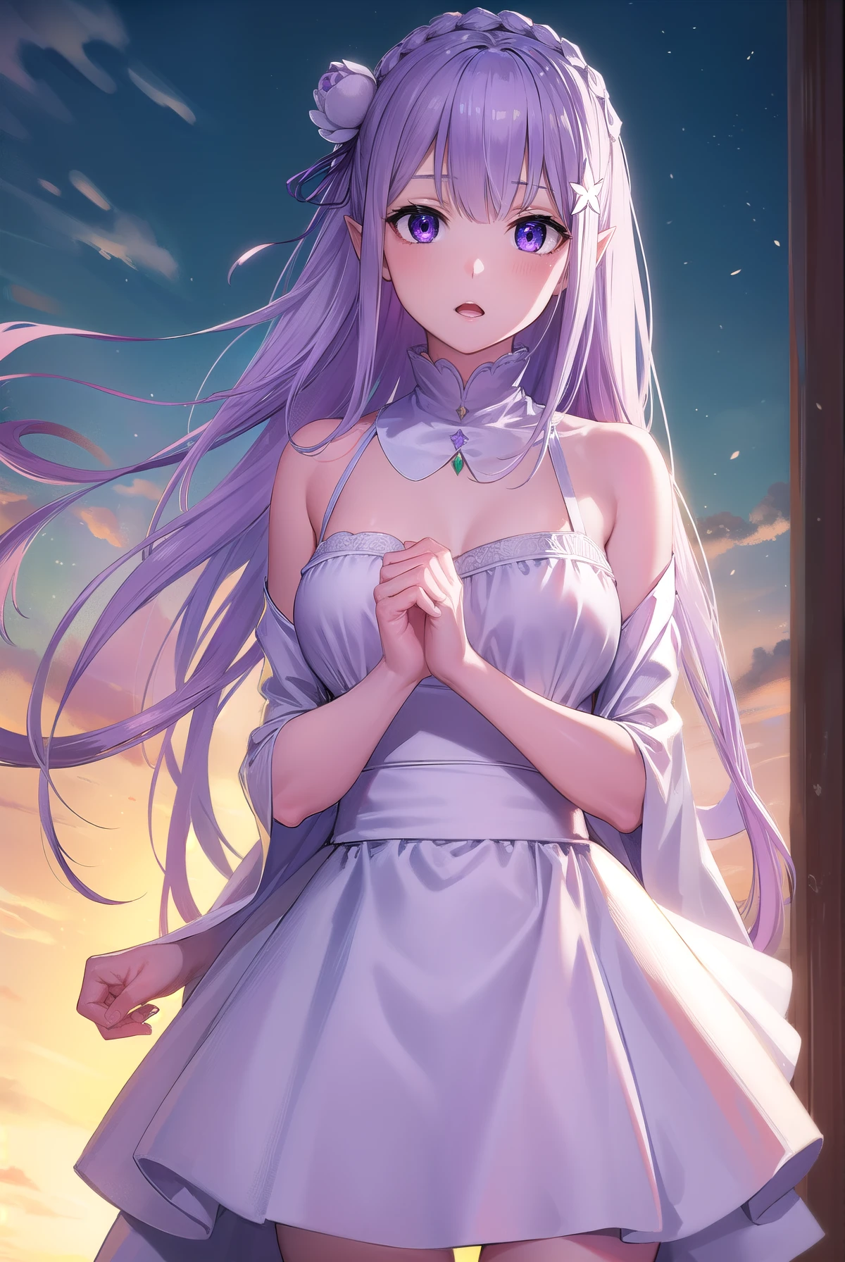 rezeroemilia, emilia, braid, crown braid, flower, hair flower, hair ornament, hair ribbon, long hair, low-tied long hair, (purple eyes:1.2), pointy ears, white flower, x hair ornament, open mouth,
BREAK White Lacey bra, blue jeans,
BREAK outdoors, city,
BREAK looking at viewer, (cowboy shot:1.5),
BREAK (masterpiece:1.2), best quality, high resolution, unity 8k wallpaper, (illustration:0.8), (beautiful detailed eyes:1.6), extremely detailed face, perfect lighting, extremely detailed CG, (perfect hands, perfect anatomy),