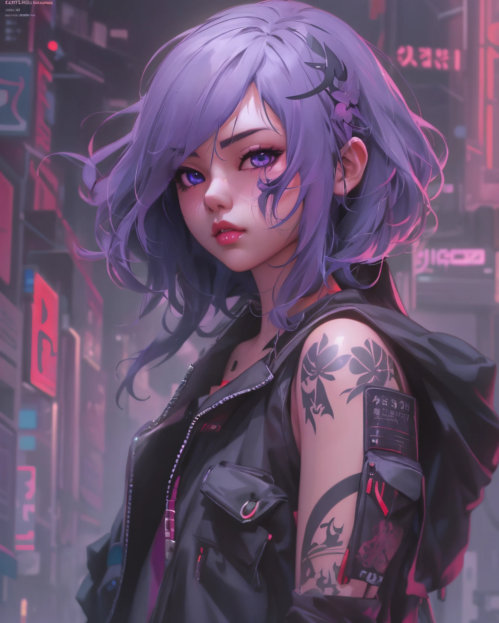 anime girl with purple hair and mask, guweiz, 🌺 cgsociety, art in the style of guweiz, lilac eyes, on the right and left arm is covered in tattoo, anime cover, trends in cgstation, muted cyberpunk style, cover art, guweiz on pixiv artstation, clean and detailed anime style, guweiz on artstation pixiv, g cgsociety, 3d anime style