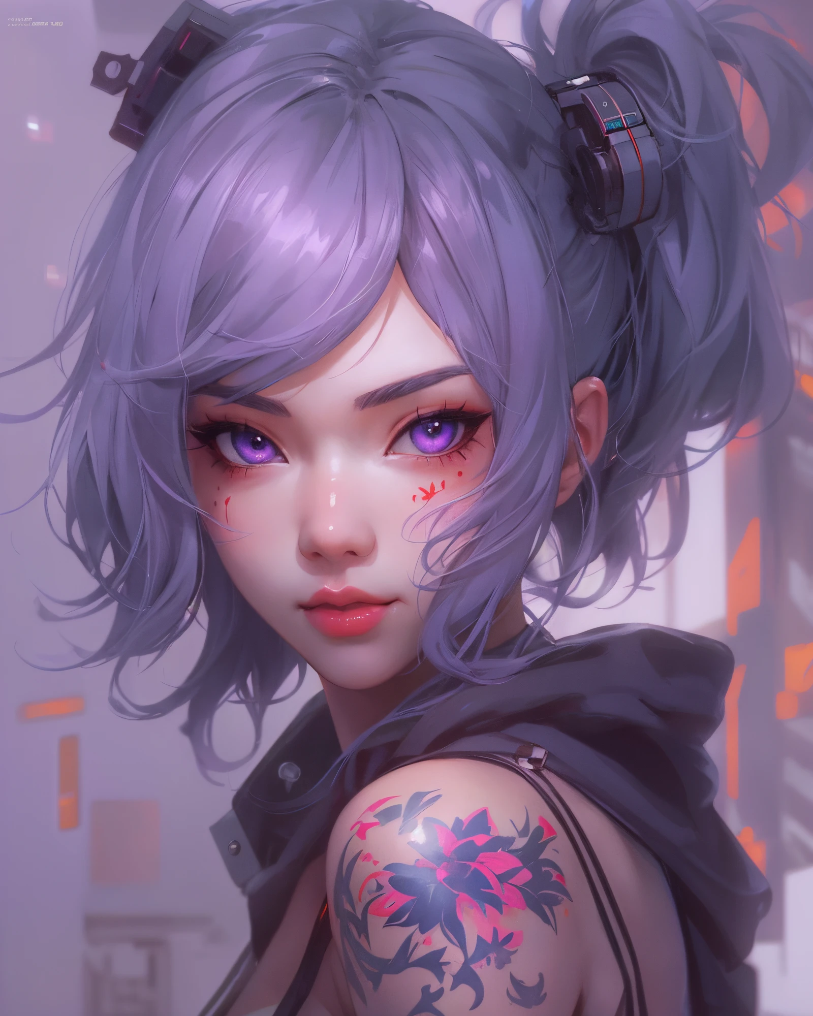 anime girl with purple hair and mask, guweiz, 🌺 cgsociety, art in the style of guweiz, lilac eyes, on the right and left arm is covered in tattoo, anime cover, trends in cgstation, muted cyberpunk style, cover art, guweiz on pixiv artstation, clean and detailed anime style, guweiz on artstation pixiv, g cgsociety, 3d anime style