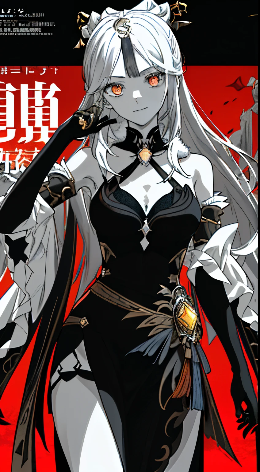 best quality,ultra high res,1girl,solo,upper body,black evening gown,elbow gloves,white hair,red eyes,