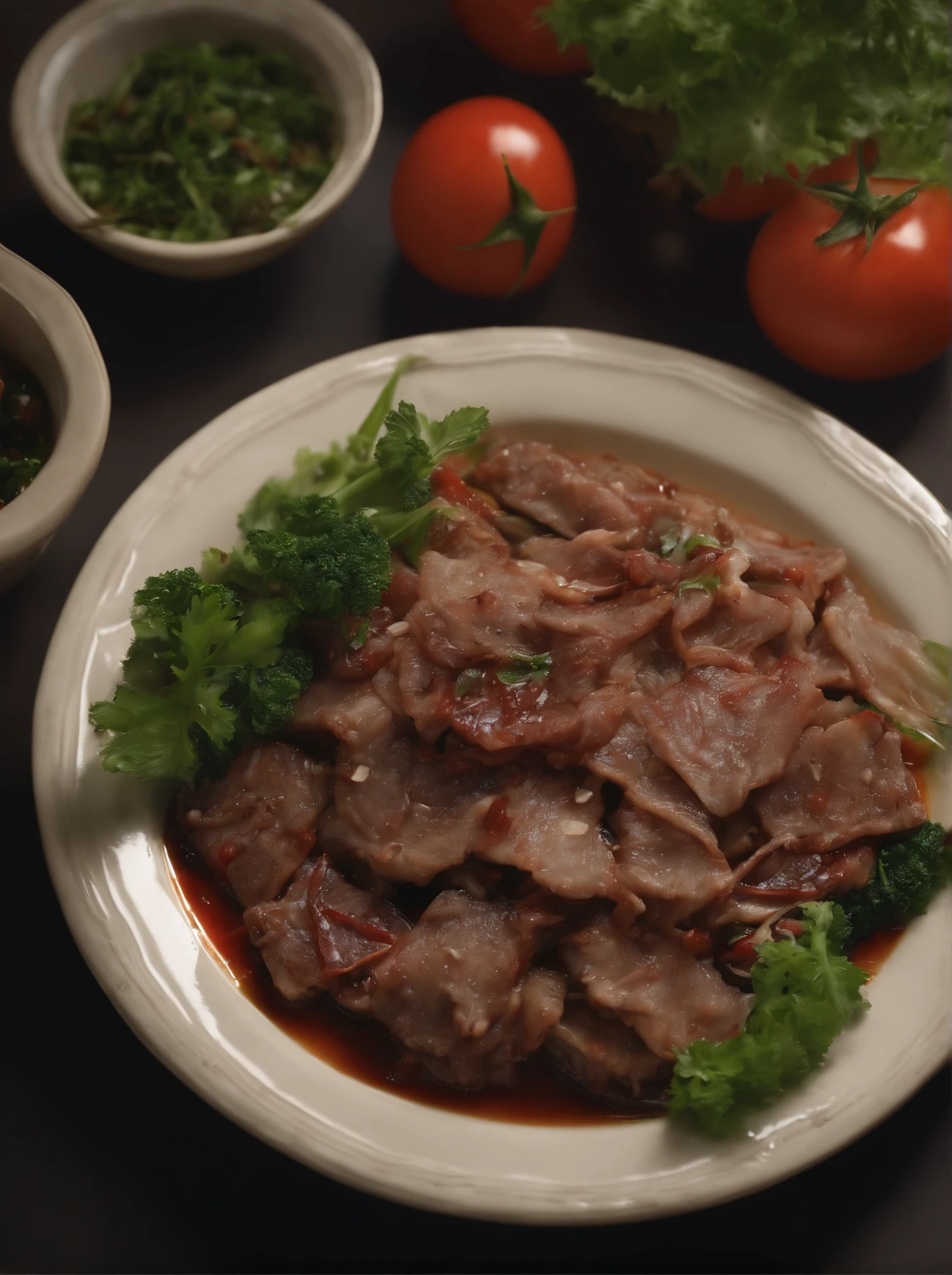 A plate of Korean food,thin meat slices,Minced meat,Greens,shallots,(best quality,4k,8k,highres,masterpiece:1.2),ultra-detailed,(realistic,photorealistic,photo-realistic:1.37),HDR,UHD,studio lighting,ultra-fine painting,sharp focus,physically-based rendering, professional