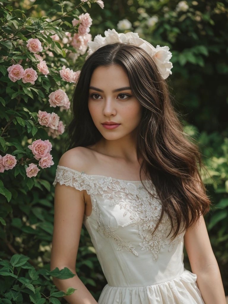 beautiful detailed eyes, long flowing hair, elegant dress, standing in a vibrant garden, surrounded by colorful flowers and lush greenery, soft sunlight illuminating her face and casting a warm glow on the scene, capturing a moment of serene beauty and grace. [oil painting, realistic:1.37], vivid colors, delicate brushstrokes, capturing every intricate detail, creating a masterpiece that evokes a sense of awe and admiration.