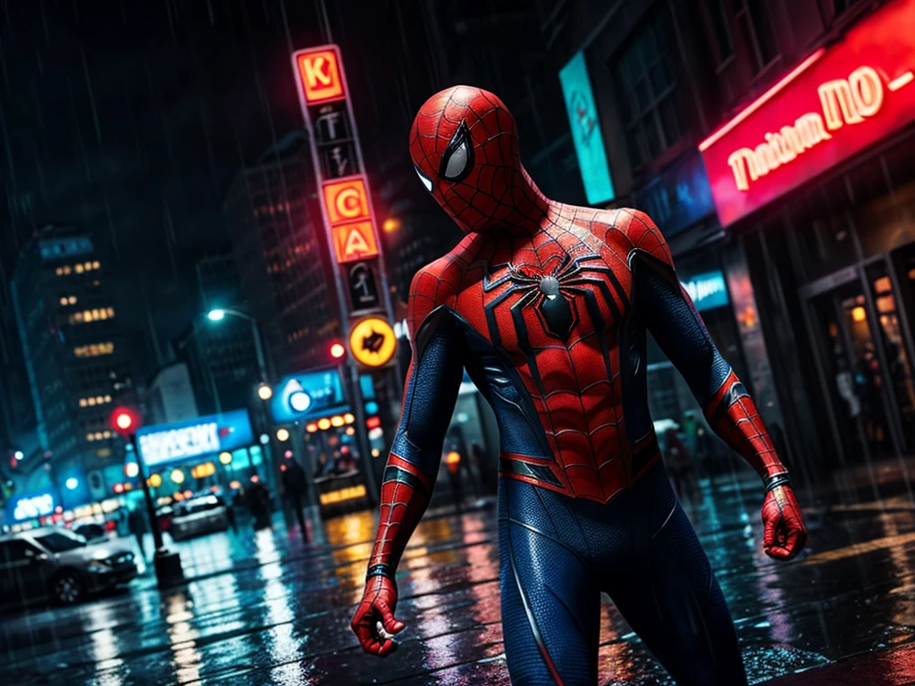Imagine a cinematic portrait of Spider-Man standing in the rain, portraying a realistic and atmospheric scene. Capture the details of raindrops cascading down his suit, the subtle reflections on his costume, and the determination in his eyes. Describe the city backdrop drenched in rain, with the glistening reflections of neon lights adding depth to the cinematic atmosphere. Convey Spider-Man's stoic yet vigilant stance as he stands amid the rain, emphasizing the realism of the moment and the emotional depth of the iconic superhero in this compelling visual.