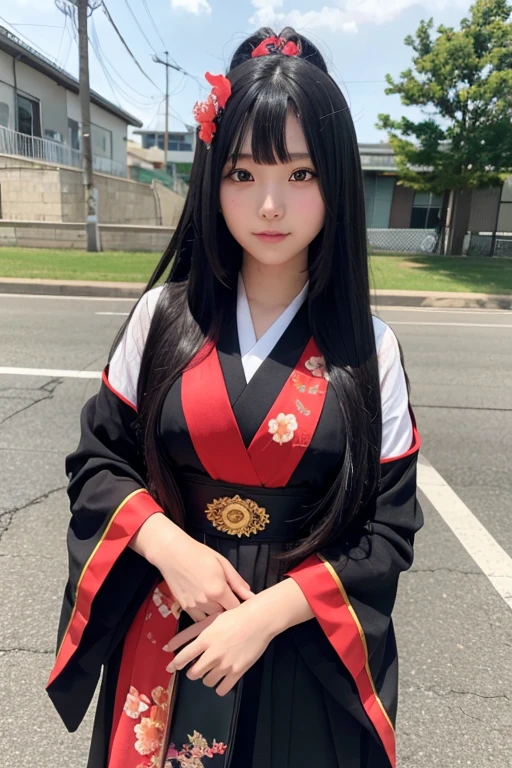 High school girl with long black hair wearing Japanese mythology costume