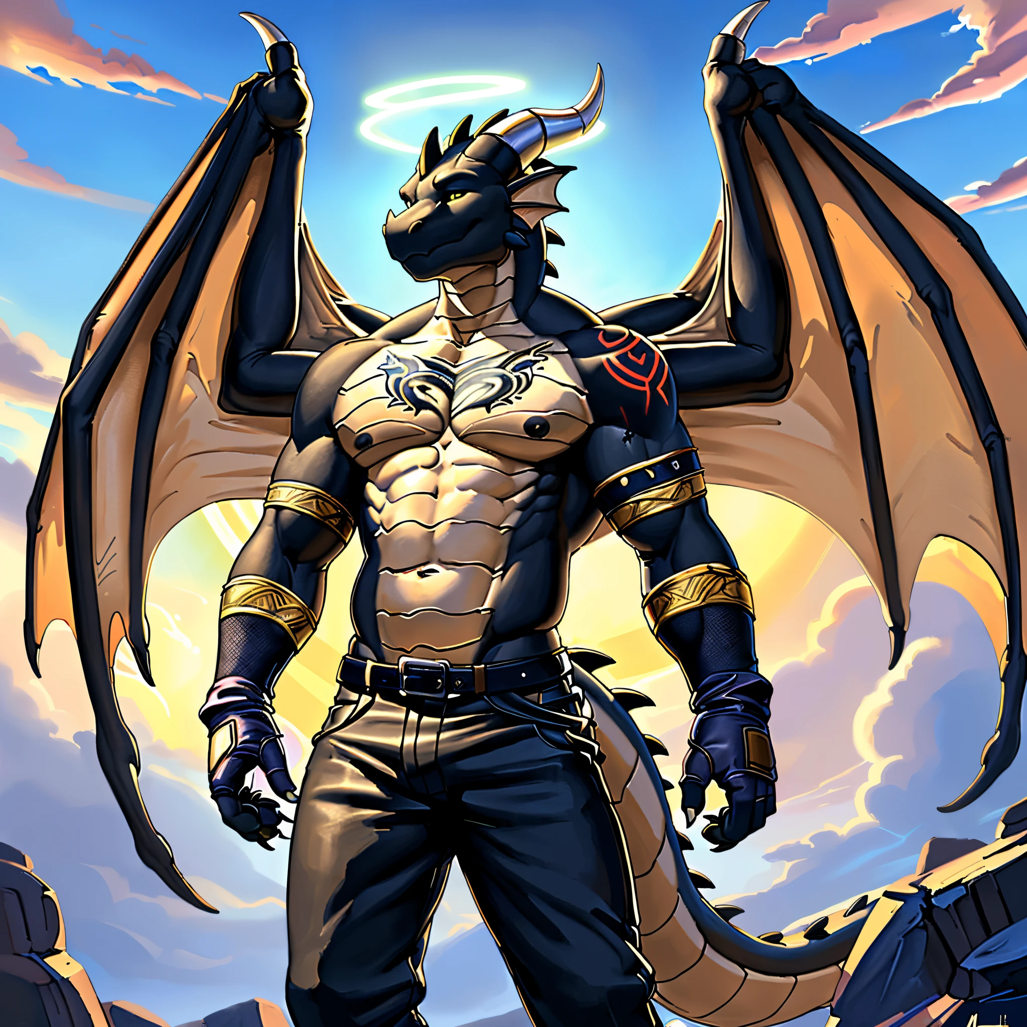 (masterpiece, best quality, high quality, highres:1.4), detailed, extremely detailed, bright lighting, 4K, (by ruaidri), yupa, kiyosan,(by meesh), (by fffffolder)), delga: ( slim, athletic, dragon, black body, smooth skin, athletic muscle, anthro legs, Godly appearance, ((skin glowing)), glowing skin, ((young)), (dragon feet), (toe claw), black spikes, (detailed eyes), dragon horn, ((dragon tail)), tail attached to waist, 1tail, ((dragon wings)), bare_shoulders, (clothing, handwear:(vambraces), bottomwear:(pants:black, [[leg armor]]))), beautiful, (((heroic aura))), closed_mouth, covered in tattoos, has tattoos, tattoos covering the chest and arms, tattoo sleeves on both arms, descending from the clouds, divine presence, radiating, angelic, halo, casual
