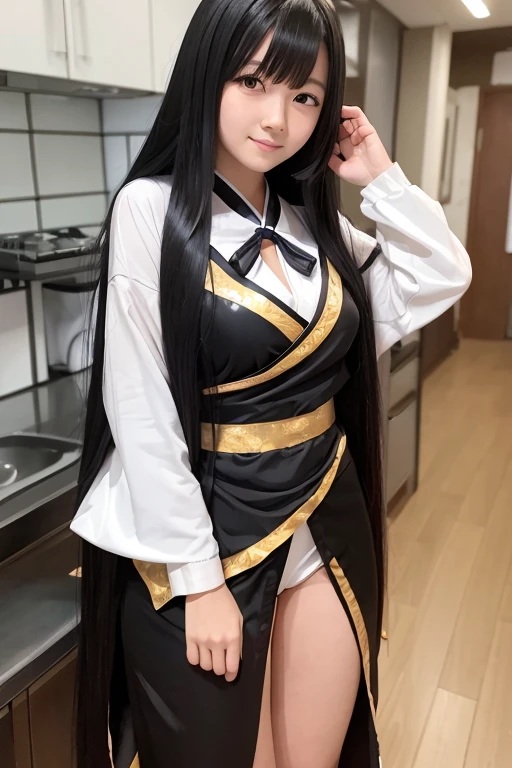 High school girl with long black hair wearing Japanese mythology costume