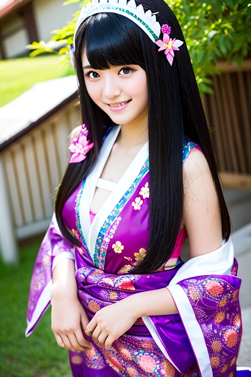 High school girl with long black hair wearing Japanese mythology costume