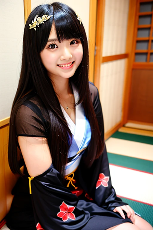 High school girl with long black hair wearing Japanese mythology costume