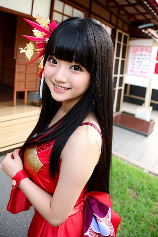 High school girl with long black hair wearing Japanese mythology costume