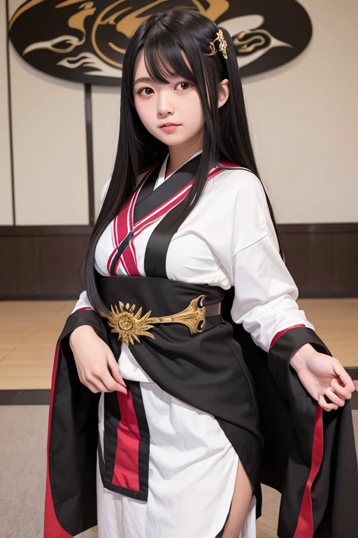 High school girl with long black hair wearing Japanese mythology costume
