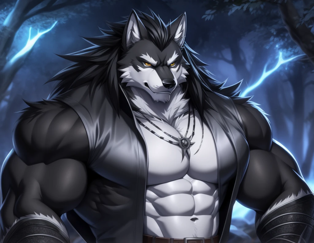 upload on e621, by Drks, Masterpiece, best quality, ultra high res, 4K, 8k HD, 2D, perfect anatomy, digital art, official art, extreme detailed, ultra detailed, strapsanime, color, soft shading, sharp focus, forest woods background, powered up silver thunder aura both arms, 1boy, dark black body fur, silver belly, detailed fluffy fur, ultra detailed face, detailed eyes, detailed iris eyes, detailed yellow eyes, white sclera, black pupils, navel, abs, bare pectoral, black claw nails, furry wolf male, mature male, dark black huge bulky muscular body fur, canid, huge muscles, huge pecs, huge biceps, canine, canis, mammal, powerful wolf god, wolf male, fierce face, serious expression, badass, wolf anthro, solo, looking at viewer, standing, wearing full complete sleeveless long black and silver coat/jacket, black and silver full complete sleeveless long coat/jacket, shirtless, dark black longest hair, dark black longest back fur hair, dark black longest hair fur front lay on pecs, hair color match his fur color, perfect fingers, dark black hands and fingers, wearing fingerless black gloves, black gloves, one black armbands on biceps, three black armbands on forearms, one silver moon, large black prayer beads necklace with silver moon teardrop pendant attached to prayer beads necklace rest on his tuft pecs, dark black and silver underside long tail, black long pants with silver designs with belt straps on leg