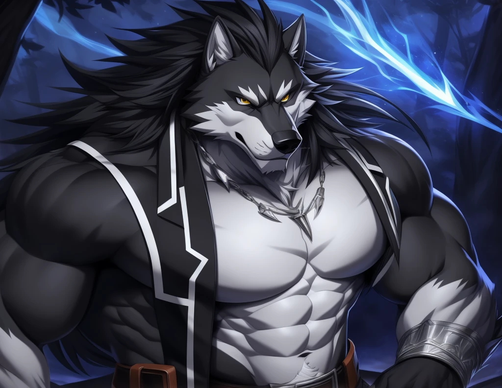 upload on e621, by Drks, Masterpiece, best quality, ultra high res, 4K, 8k HD, 2D, perfect anatomy, digital art, official art, extreme detailed, ultra detailed, strapsanime, color, soft shading, sharp focus, forest woods background, powered up silver thunder aura both arms, 1boy, dark black body fur, silver belly, detailed fluffy fur, ultra detailed face, detailed eyes, detailed iris eyes, detailed yellow eyes, white sclera, black pupils, navel, abs, bare pectoral, black claw nails, furry wolf male, mature male, dark black huge bulky muscular body fur, canid, huge muscles, huge pecs, huge biceps, canine, canis, mammal, powerful wolf god, wolf male, fierce face, serious expression, badass, wolf anthro, solo, looking at viewer, standing, wearing full complete sleeveless long black and silver coat/jacket, black and silver full complete sleeveless long coat/jacket, shirtless, dark black longest hair, dark black longest back fur hair, dark black longest hair fur front lay on pecs, hair color match his fur color, perfect fingers, dark black hands and fingers, wearing fingerless black gloves, black gloves, one black armbands on biceps, three black armbands on forearms, one silver moon, large black prayer beads necklace with silver moon teardrop pendant attached to prayer beads necklace rest on his tuft pecs, dark black and silver underside long tail, black long pants with silver designs with belt straps on leg