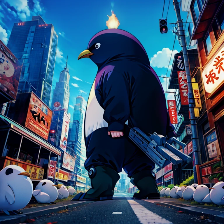 At speed, giant pingouin, cartoon, apocalypse scene, Kaiju