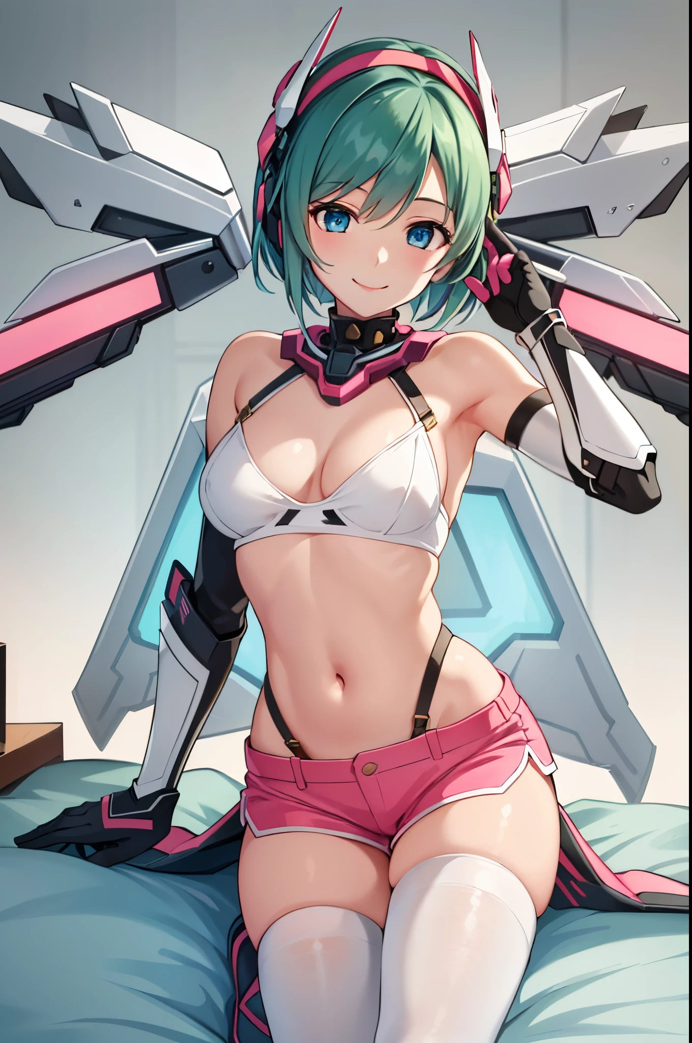 1 girl,ultra-detailed,realistic, white brazier, dark pink shorts, elbow gloves, white stockings, dark pink shoes, sexy, smiling, green hair,short hair, blue eyes, mecha headgear, skinny legs, in a bed, erotic pose