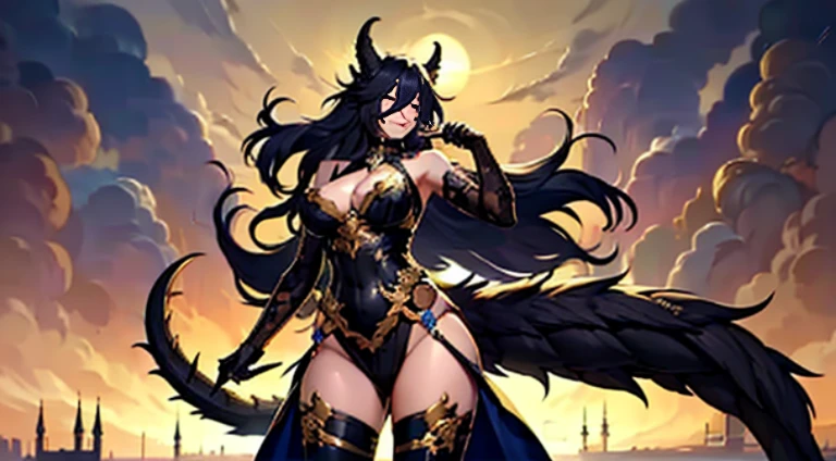 8k_wallpaper, extremely detailed eyes, extremely detailed body, (large masterpiece digital art), (detailed manga illustration), (detailed line art), ((perfect anatomy)), (intricate details:1.3), (ultra-detailed:1.3), (illustration:1.3), (sharp focus:1.3), (natural lighting:1.05), (vivid colors:1.3), (masterpiece), (best quality:1.4), (perfect anatomy:1.4), high quality, expressive eyes, full body, detailed face, beautiful face, perfect face, 1girl, dark skin, animal ears, black sclera, smile, colored sclera, breasts, solo, monster girl, black hair, (wolf ears), large breasts, curvy, wide hips, long hair, ((gold eyes)), claws, grin, fur, collar, dynamic pose, tail, wolf tail, horns, dragon horns, wings, sadistic smile, hair over eye, regal outfit, formal, (castle background), blue fire