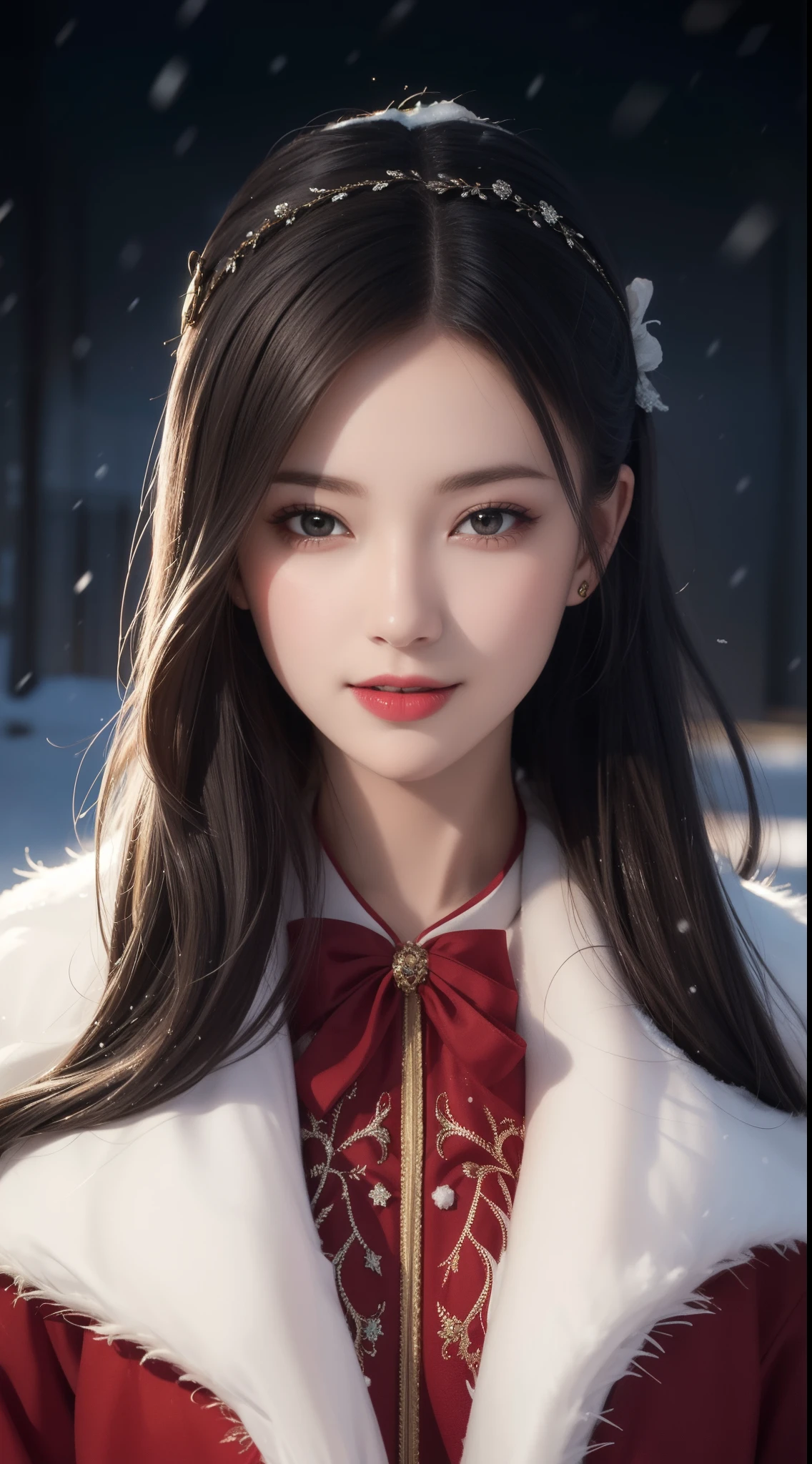 (Aesthetic, High Resolution: 1.2), full-body portrait of a beautiful 20-year-old woman wearing an intricately detailed red boby Santa Claus costume, symmetrical costume structure, clear eyes bright, happy smile, changed hairstyle, snow is falling, snow in hair. Professional photographer, minimalism, concept art, intricate detail, 8k post-production, High Definition, Super Detail, trending on ArtStation, sharp focus, artistic dark studio photos , intricate details, Highly detailed, By Greg Rutkowski, professional light and dark art, Vibrant colors. Outdoor winter scene with snow in the evening, A slight smile, True art, various hairstyles and color changes, Passionate mood, Seductive expressions, Sexy lips, Wet lips , Seductive closed eyes, Seductive appearance, suggestive posture.