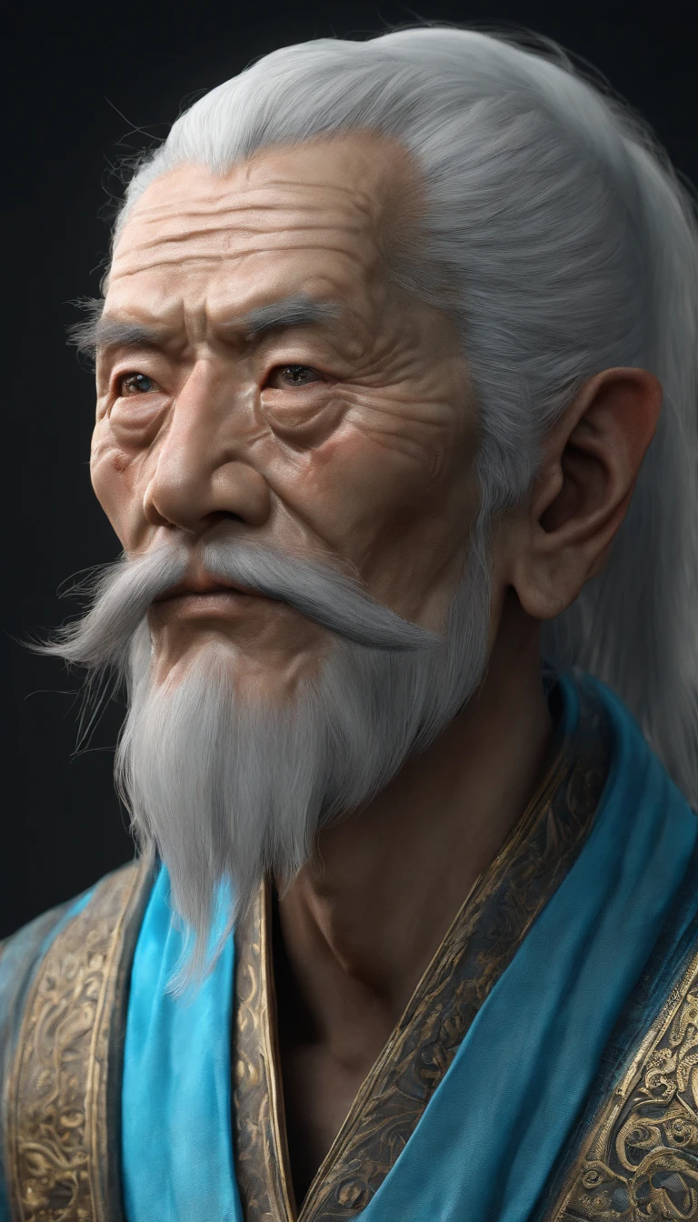 Oriental old man,Taoist god statue front portrait,Visual inspection of the audience,Immortal Wind Road Bone,White haired man。cyan blue background。hyper HD, retinas, tmasterpiece, Acura, Anatomically correct, Award-Awarded, high high quality, high detal, super detailing, ctextured skin, Best quality, A high resolution, 1080p, k hd, 4K, 8K, 16k。