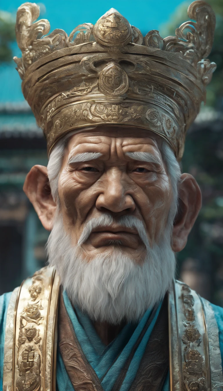Oriental old man,Taoist god statue front portrait,Visual inspection of the audience,Immortal Wind Road Bone,White haired man。cyan blue background。hyper HD, retinas, tmasterpiece, Acura, Anatomically correct, Award-Awarded, high high quality, high detal, super detailing, ctextured skin, Best quality, A high resolution, 1080p, k hd, 4K, 8K, 16k。