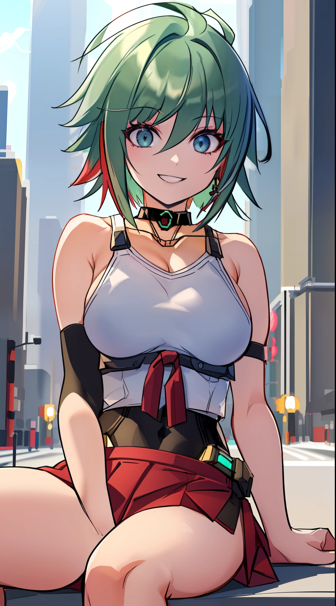 a woman with green hair and a red top is sitting on a city street with a traffic light in the background, Artgerm, anime art, cyberpunk art, photorealism, 1girl, short hair, bare_shoulders, black_choker, small breasts, mecha headgear, bridge, blue eyes, smiling, building, choker, city, cityscape, crop_top, jewelry, looking_at_viewer, makeup, midriff, navel, necklace, short_hair, side-tie_panties, sitting, red skirt, skyscraper, solo, tank_top