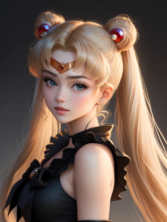 masterpiece, best quality, high resolution, A real life adaption of tsukino usagi, dark sailormoon costume (black attire:1.3), exquisite face, portrait, symmetry, side lighting, hyper realistic